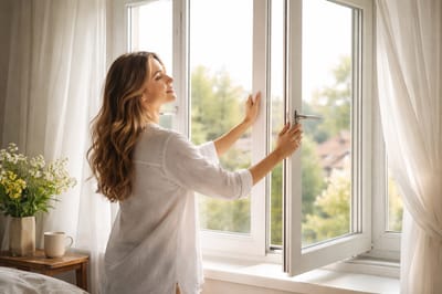 девушка открывает окно