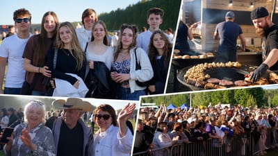 Коллаж с фестиваля «ПРОЖАРКА по-Волковысски»: молодёжь, гости праздника, фудкорт с грилем и зрители у сцены
