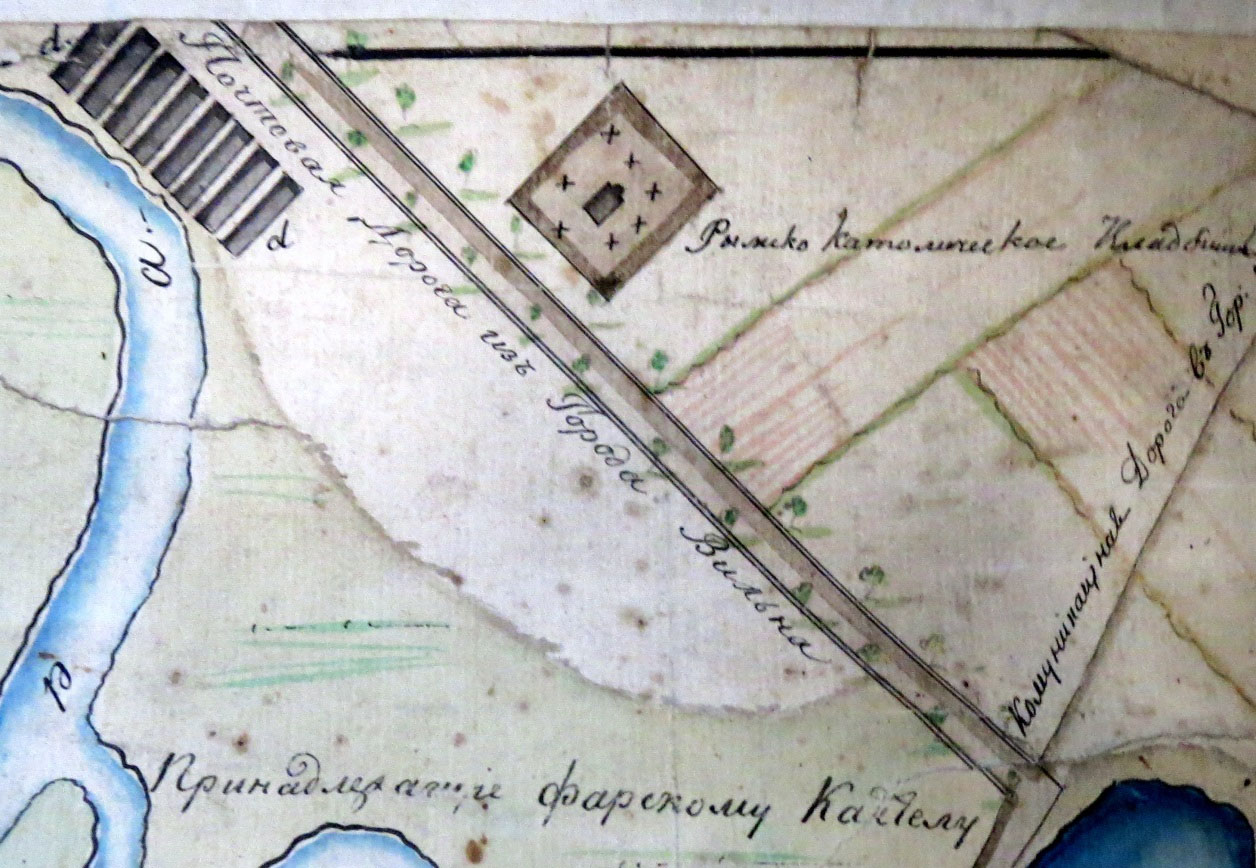 Малюнак. Рымска-каталіцкія могілкі побач з Пятралевічамі на карце 1823 года