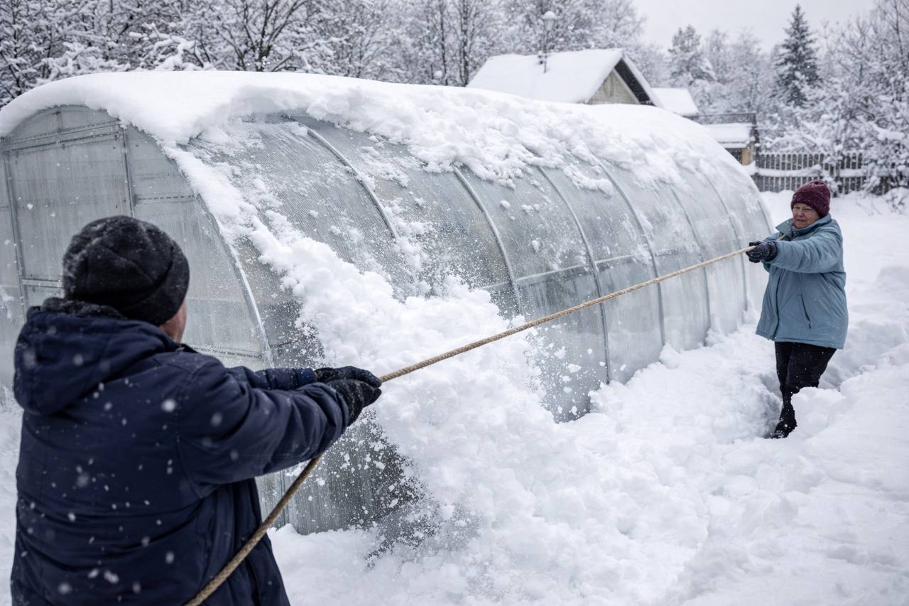 Как за пару минут почистить снег с теплицы? Этот способ вам точно понравится