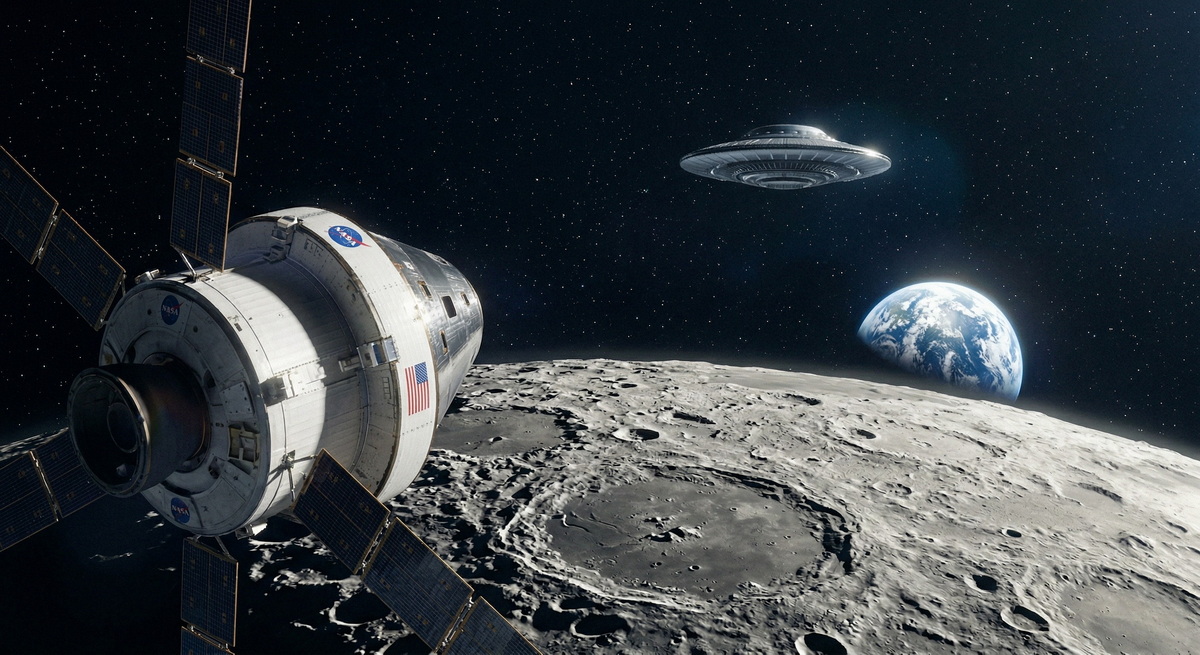 Корабль Орион NASA летит к Луне, а над лунной поверхностью виден НЛО. Сгенерировано ИИ