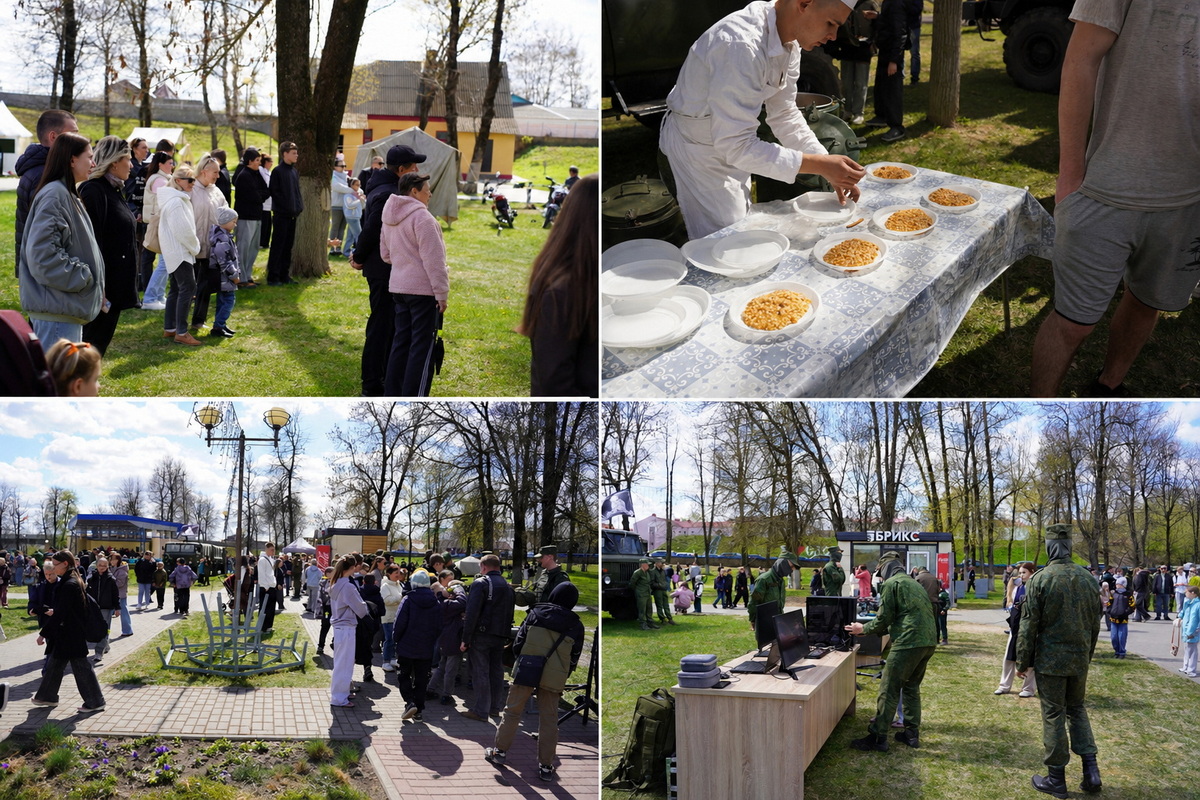 Коллаж из четырёх кадров с праздника в городском парке Слонима: гости мероприятия, полевая кухня и тематические площадки