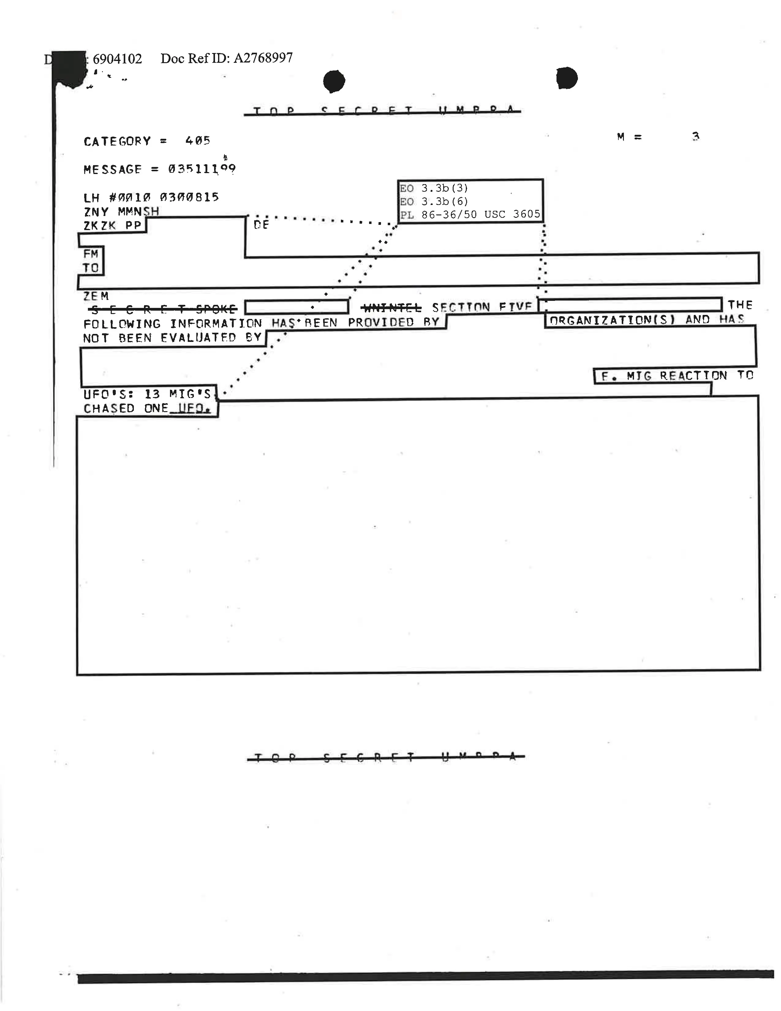 Рассекреченный документ АНБ с грифом Top Secret Umbra и записью о том, что 13 истребителей МиГ преследовали НЛО
