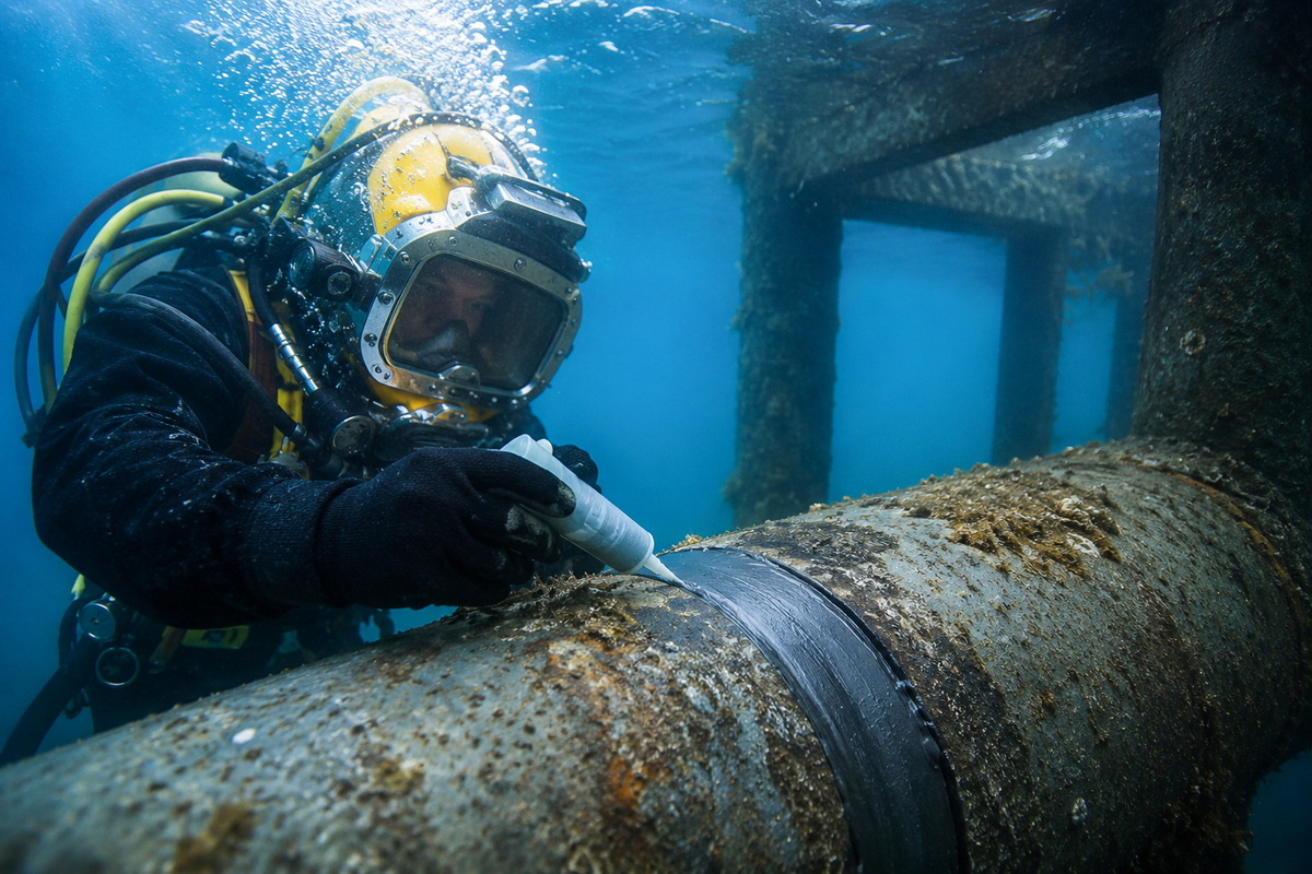 Commercial diver applying adhesive to an underwater pipeline during a repair