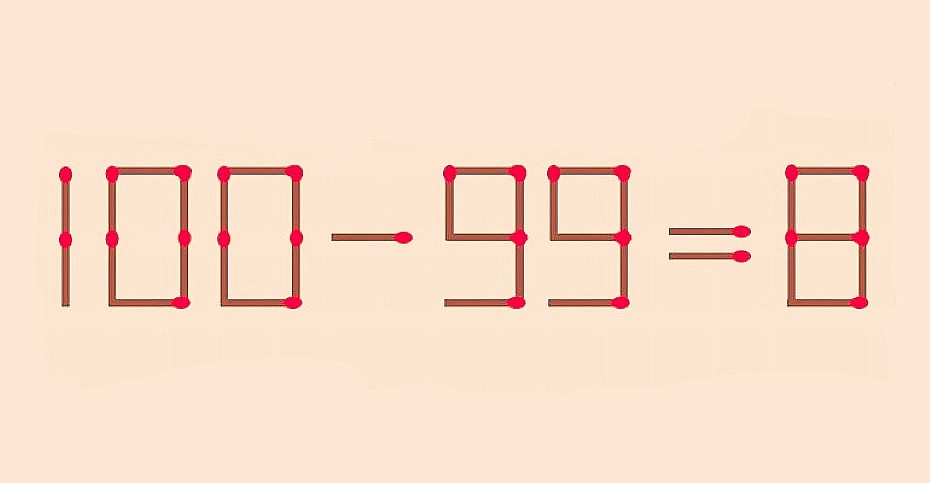 Переложите 1 спичку в 100–99=8, чтобы равенство стало верным. Интересная задачка на время