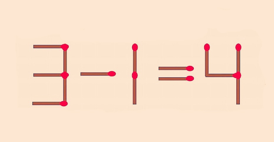 Переставьте 1 спичку в 3–1=4, чтобы равенство стало верным. За 7 секунд успеете?